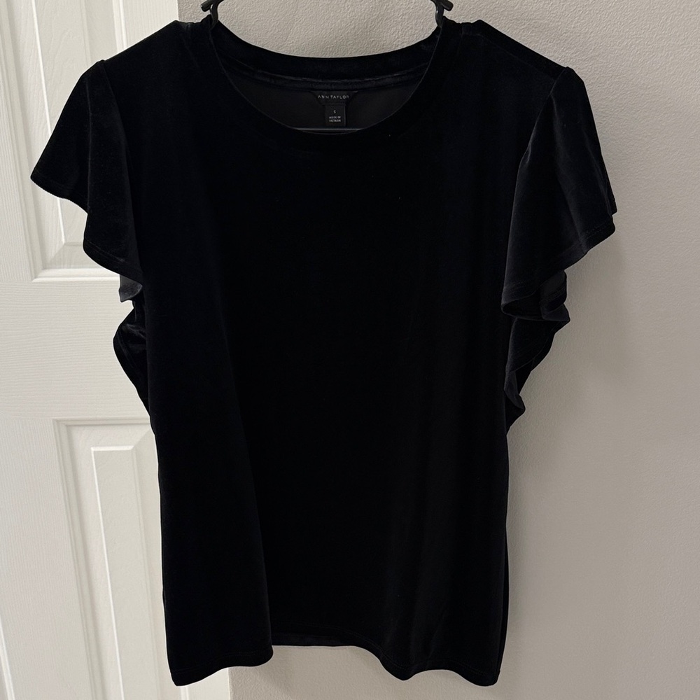 Ann Taylor Black Velvet Short Sleeve Top with Ruffles